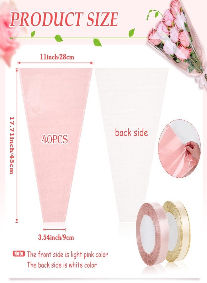tchrules 40PCS Flower Bouquet Wrapping Paper with Ribbon, Pink Kraft Flower Sleeves for Bouquets, Floral Packing Bags Bulk for Valentine's Day Mother's Day Graduation Wedding, 17.7x11x3.5 inch - Image 2